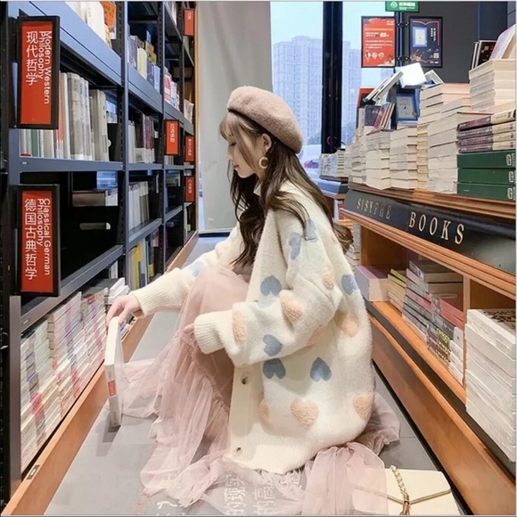 Sweater cardigan heart sweater cute button down fuzzy v-neck chunky - Picture 7 of 13